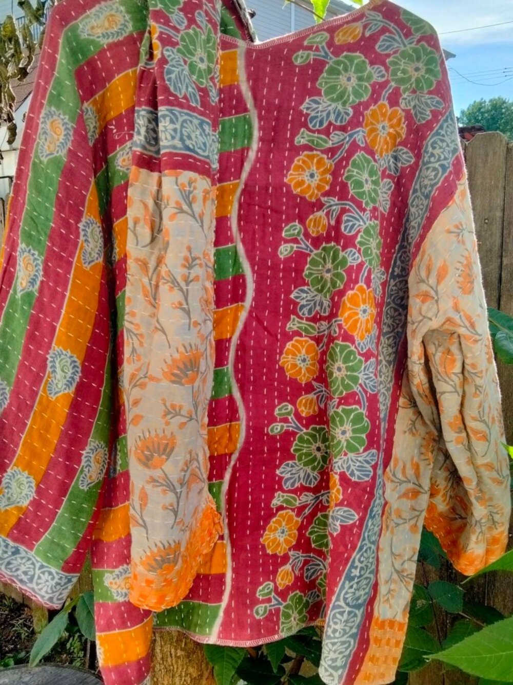 Women's Handmade Colorful Kantha Long Sleeved Scarf & Tunic Set Plus Size 1X-2X